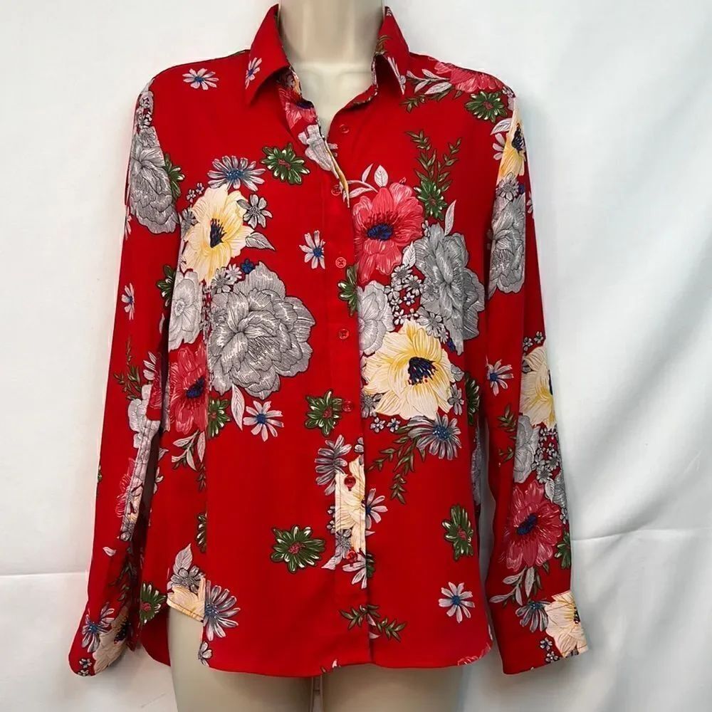 The Shirt Red Floral longsleeve blouse size XS EUC